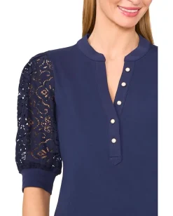 Women CeCe Elbow Puff Sleeve Henley Mixed Media Tee