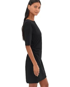 Mod-o-doc Elbow Sleeve Below The Knee Shirred Dress Black Clearance