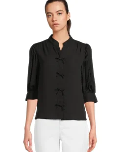 CeCe Elbow Sleeve Bow Placket Blouse Rich Black