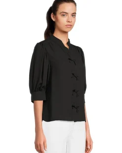 CeCe Elbow Sleeve Bow Placket Blouse Rich Black