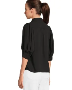 CeCe Elbow Sleeve Bow Placket Blouse Rich Black