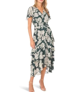 Vince Camuto Elbow Sleeve Smocked Waist Tiered Maxi Dress Forest Night Discount