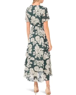 Vince Camuto Elbow Sleeve Smocked Waist Tiered Maxi Dress Forest Night Discount