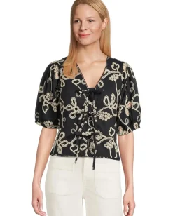 CeCe Embrodiery Short Sleeve Open Tie Front Top Night Shade Online