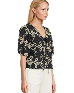 CeCe Embrodiery Short Sleeve Open Tie Front Top Night Shade Online