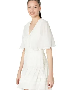 BCBGMAXAZRIA Embroidered Chiffon Flutter Sleeve Cocktail Off-White Discount