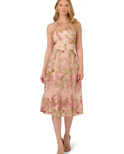 Adrianna Papell Embroidered Fit-and-Flare Pink Multi Hot