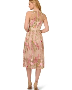 Adrianna Papell Embroidered Fit-and-Flare Pink Multi Hot