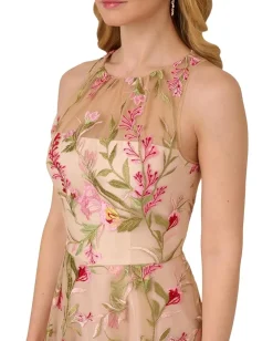 Adrianna Papell Embroidered Fit-and-Flare Pink Multi Hot