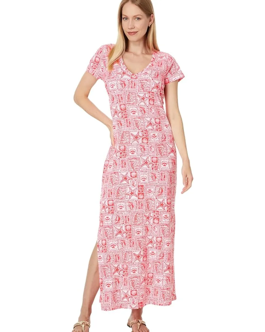 Lilly Pulitzer Etta Short Sleeve Maxi Dr Mizner Red Seaside Harbour Hot