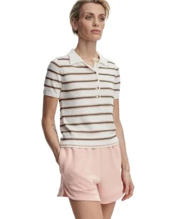 Varley Faustine Button Neck Polo White Pink Ivory Stripe Hot