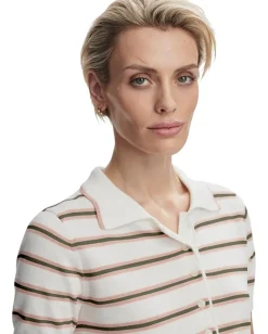 Varley Faustine Button Neck Polo White Pink Ivory Stripe Hot