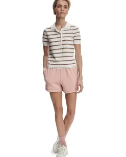 Varley Faustine Button Neck Polo White Pink Ivory Stripe Hot