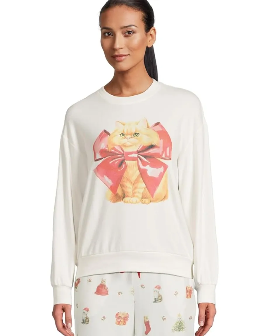 P.J. Salvage Feline Festive Crewneck Top Ivory Cats New