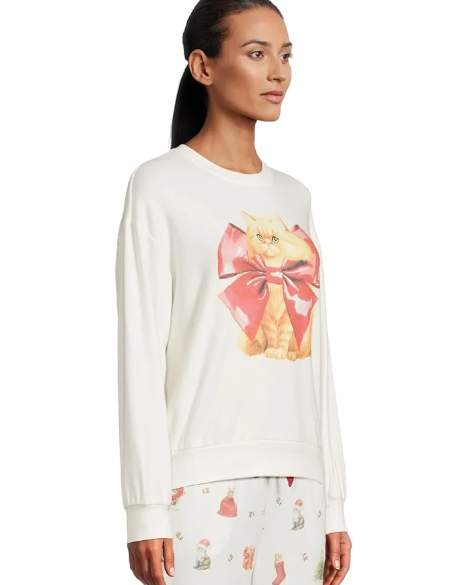 P.J. Salvage Feline Festive Crewneck Top Ivory Cats New