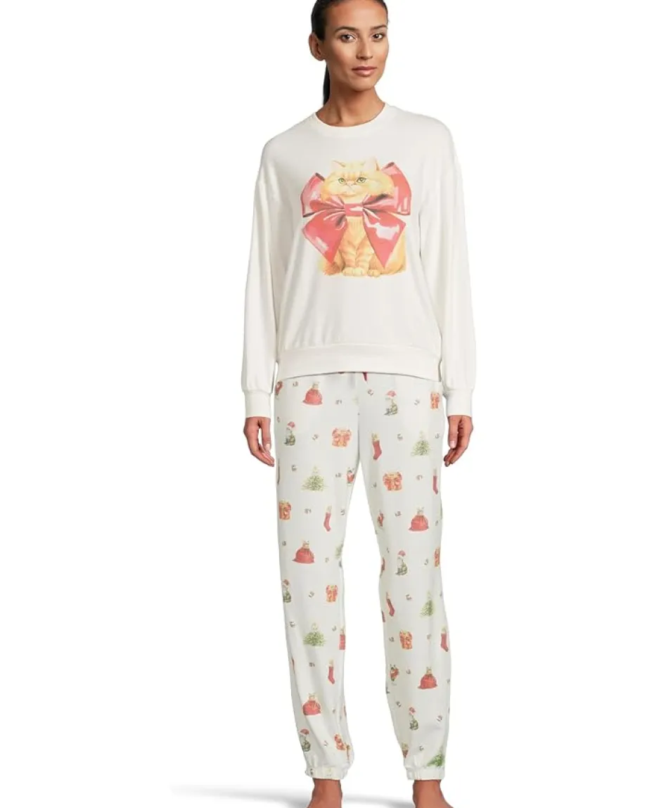 P.J. Salvage Feline Festive Crewneck Top Ivory Cats New