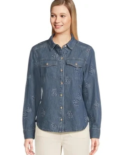 Tommy Bahama Flora Embroidered Denim Long Sleeve Shirt Dark Medium Wash Outlet