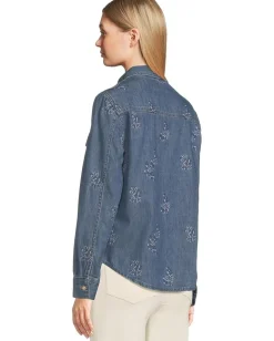 Tommy Bahama Flora Embroidered Denim Long Sleeve Shirt Dark Medium Wash Outlet