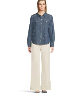 Tommy Bahama Flora Embroidered Denim Long Sleeve Shirt Dark Medium Wash Outlet