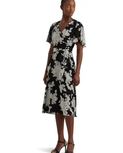 Women Lauren Ralph Lauren Floral Belted Crinkle Georgette Dress