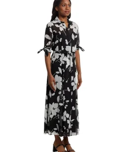 Calvin Klein Floral Chiffon Shirt Dress Black Cream Sale