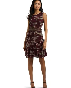 Lauren Ralph Lauren Floral Crinkle Georgette Dress Burgundy Multi Hot