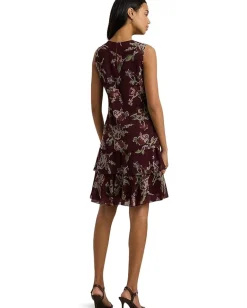 Lauren Ralph Lauren Floral Crinkle Georgette Dress Burgundy Multi Hot