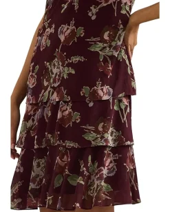 Lauren Ralph Lauren Floral Crinkle Georgette Dress Burgundy Multi Hot
