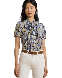 Lauren Ralph Lauren Floral Georgette Puff Sleeve Shirt Blue Multi Discount