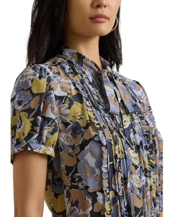 Lauren Ralph Lauren Floral Georgette Puff Sleeve Shirt Blue Multi Discount