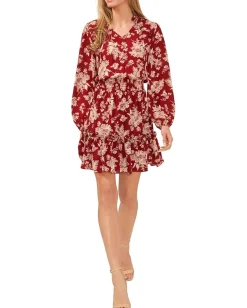 Women CeCe Floral Long Sleeve Ruffled Dress