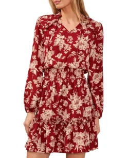Women CeCe Floral Long Sleeve Ruffled Dress