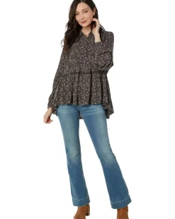 Lucky Brand Floral Popover Blouse Black Multi