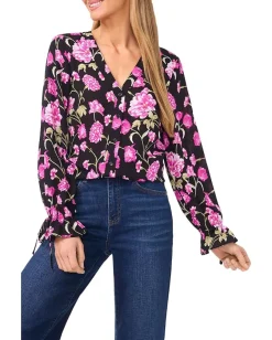 CeCe Floral Printed Button Front Long Sleeve Top Rich Black Sale