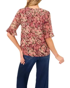 Women CeCe Floral Ruffle Cuff Crew Neck Top