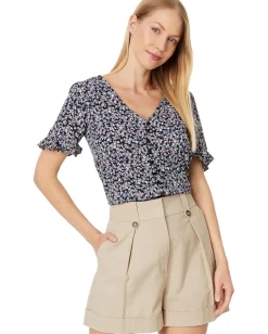 CeCe Floral Ruffled Sleeve Button-Up Blouse Rich Black Online