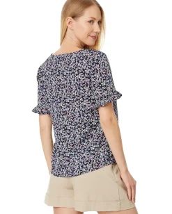 CeCe Floral Ruffled Sleeve Button-Up Blouse Rich Black Online