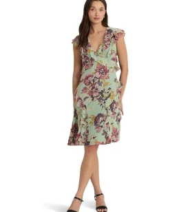 Lauren Ralph Lauren Floral Ruffle-Trim Georgette Dress Light Green Multi Best