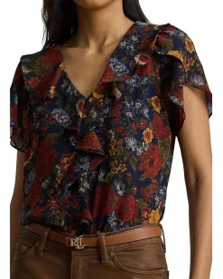Women Lauren Ralph Lauren Floral Ruffle-Trim Georgette Blouse