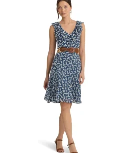 Lauren Ralph Lauren Floral Ruffle-Trim Georgette Dress Blue/Cream Sale
