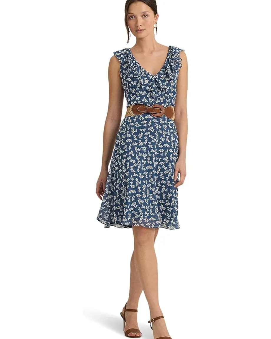 Lauren Ralph Lauren Floral Ruffle-Trim Georgette Dress Blue/Cream Sale