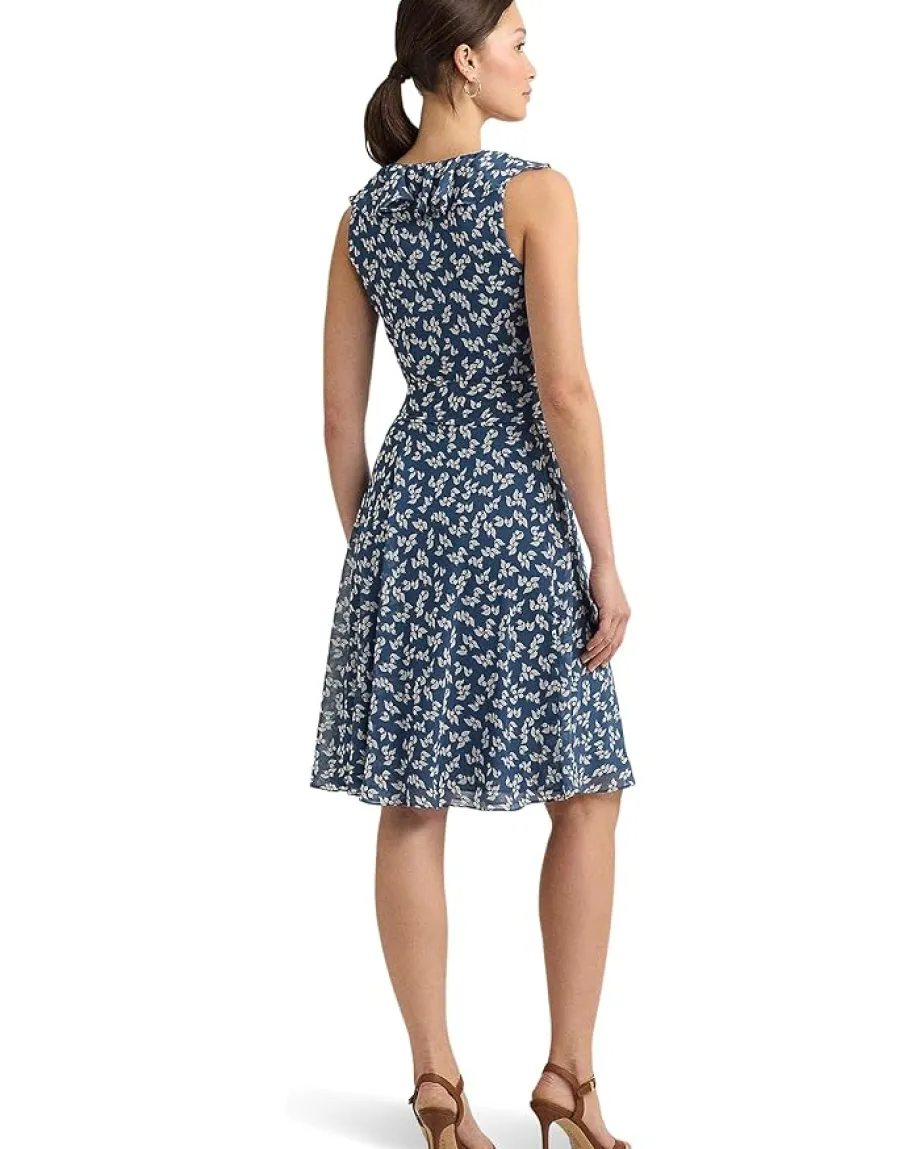 Lauren Ralph Lauren Floral Ruffle-Trim Georgette Dress Blue/Cream Sale