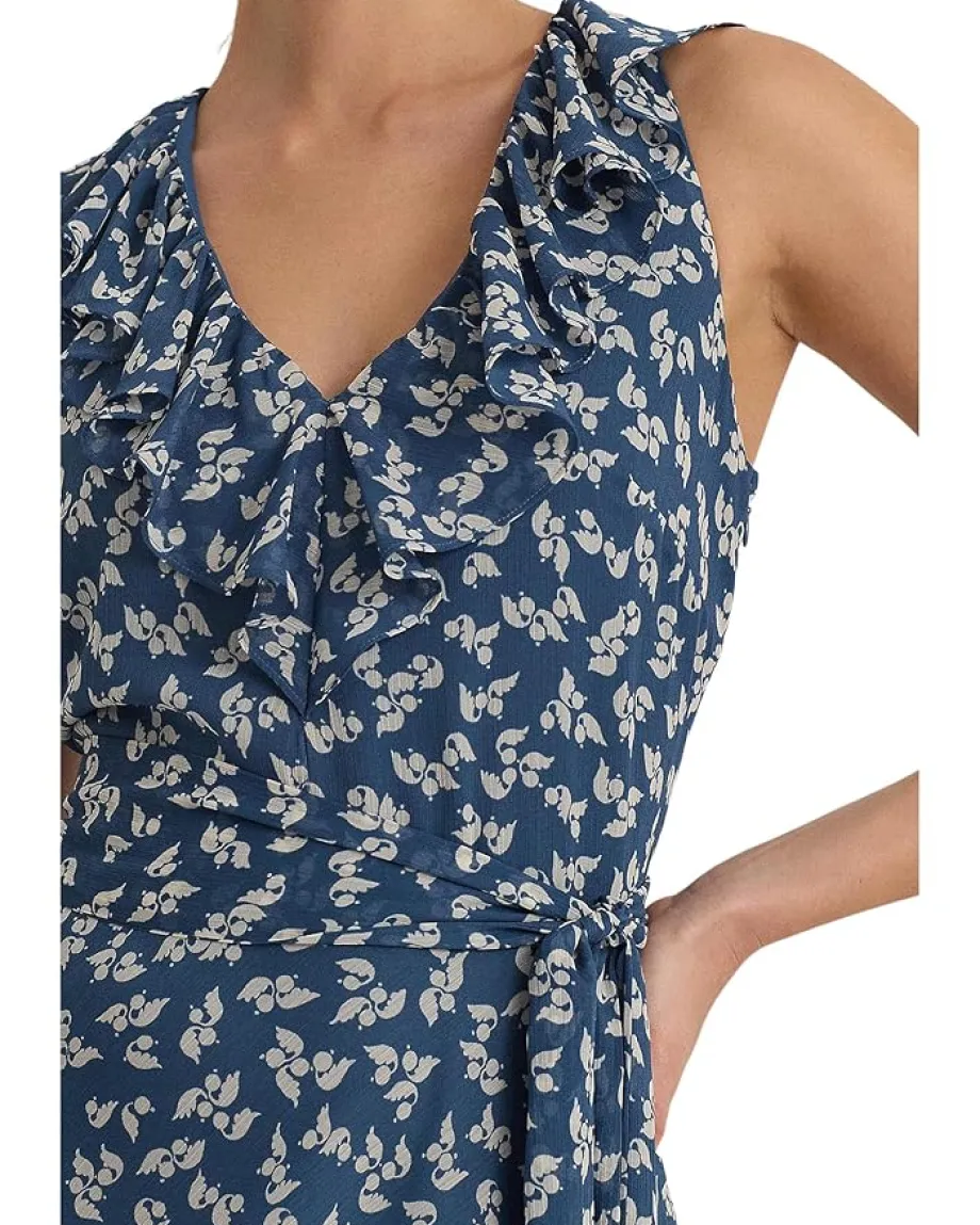 Lauren Ralph Lauren Floral Ruffle-Trim Georgette Dress Blue/Cream Sale