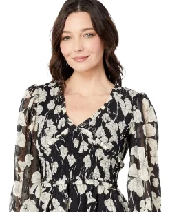 MOON RIVER Floral Smocked V-Neck Midi Dress Black Multi New