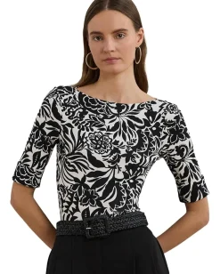 Lauren Ralph Lauren Floral Stretch Cotton Boatneck Tee Cream/Black