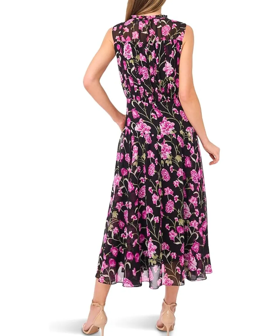 Women CeCe Floral Tie Neck Shirred Midi Dress