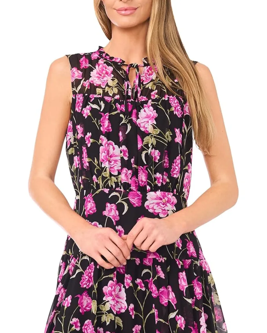 Women CeCe Floral Tie Neck Shirred Midi Dress