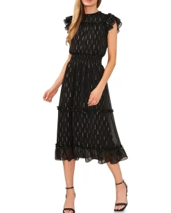 CeCe Flutter Sleeve Smocked Waist Midi Dress Rich Black Clearance