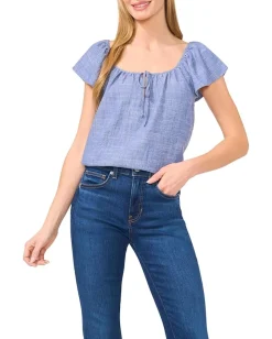 CeCe Flutter Sleeve Tie Front Top Indigo Wash Clearance