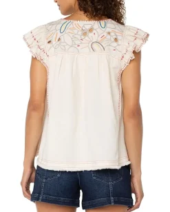 Women Liverpool Los Angeles Flutter Sleeve V-neck Woven Blouse With Embroidery
